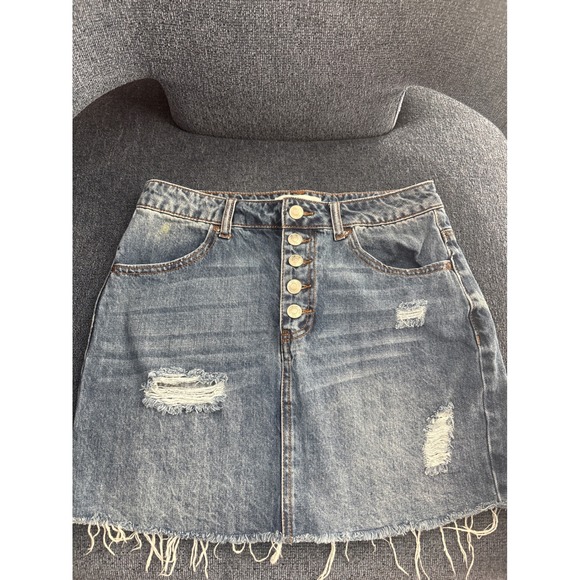 RSQ Distressed Denim Mini Skirt Button Front Raw Hem Blue Jean Skirt - Picture 1 of 6